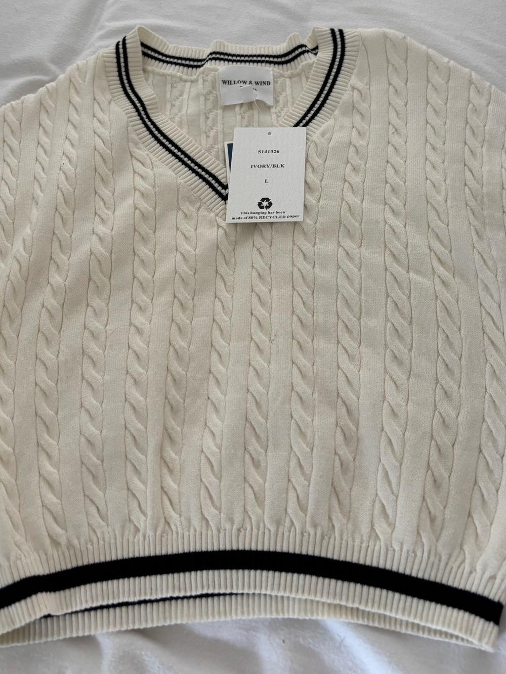 Willow & Wind Ivory Cable-Knit V-Neck Sweater with Black Trim